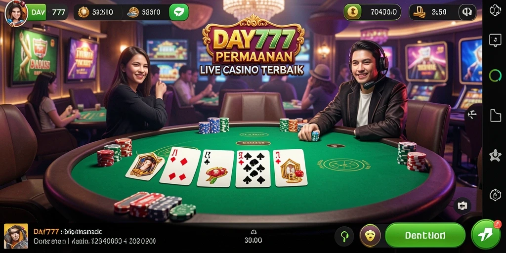 Screenshot permainan live casino DAY777 yang menampilkan dealer dan tabel permainan.