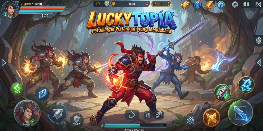 Tampilan gameplay LUCKYTOPIA dengan pertarungan yang seru dan karakter beragam.