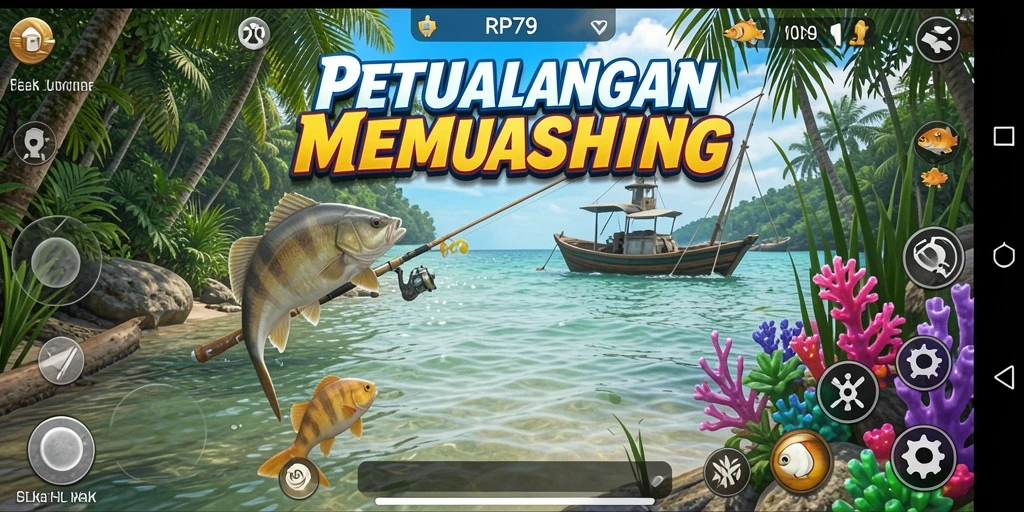 Screenshot menunjukkan pemain menangkap ikan di danau yang tenang.